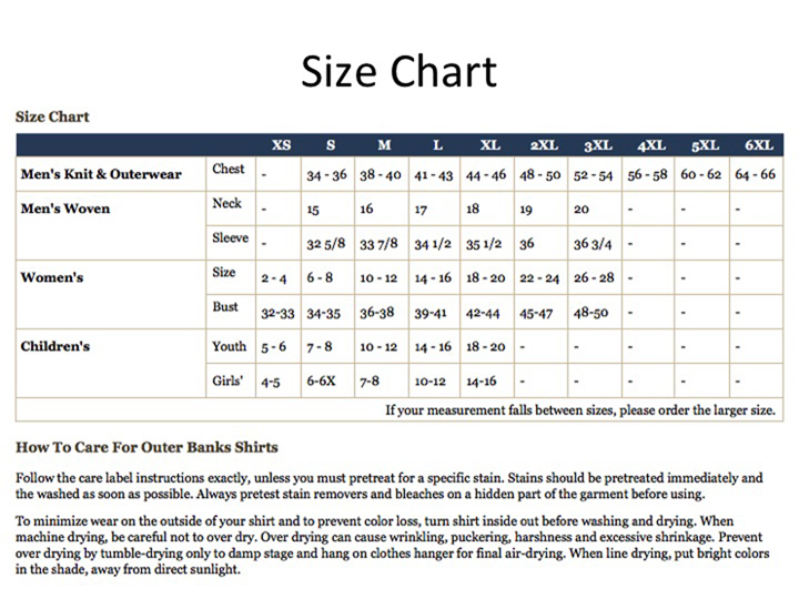 OUTER BANKS SIZE CHART